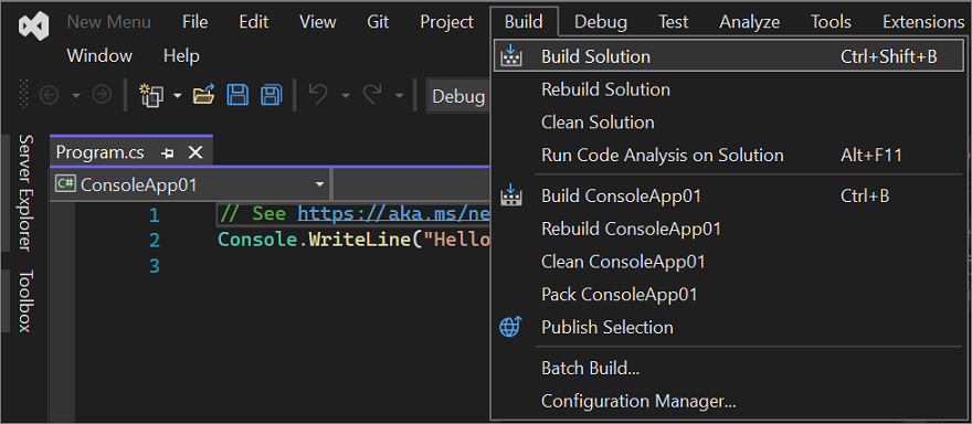 Captura de tela do menu Build no IDE do Visual Studio.