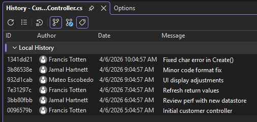 Captura de ecrã que mostra o histórico de alterações CodeLens para código num repositório GitHub em Visual Studio.