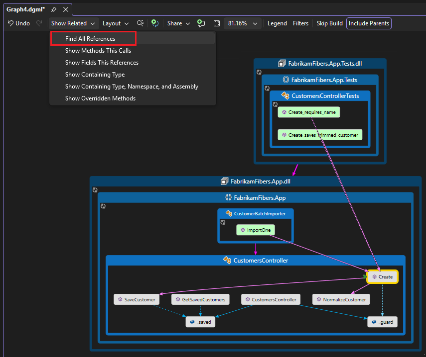 Captura de ecrã que mostra como criar um mapa de todas as referências a código específico usando CodeLens em Visual Studio.