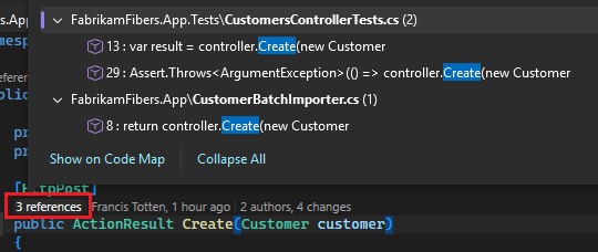 Captura de ecrã que mostra como selecionar a opção de referências CodeLens em Visual Studio.