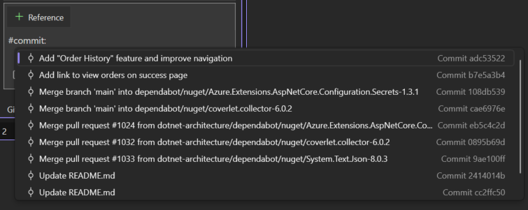Captura de ecrã do Copilot Chat a mostrar sugestões recentes de confirmações depois de escrever #commit:.
