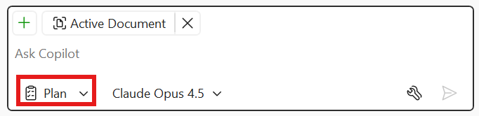Captura de ecrã do Copilot Chat com Plan selecionado na lista pendente de modo.