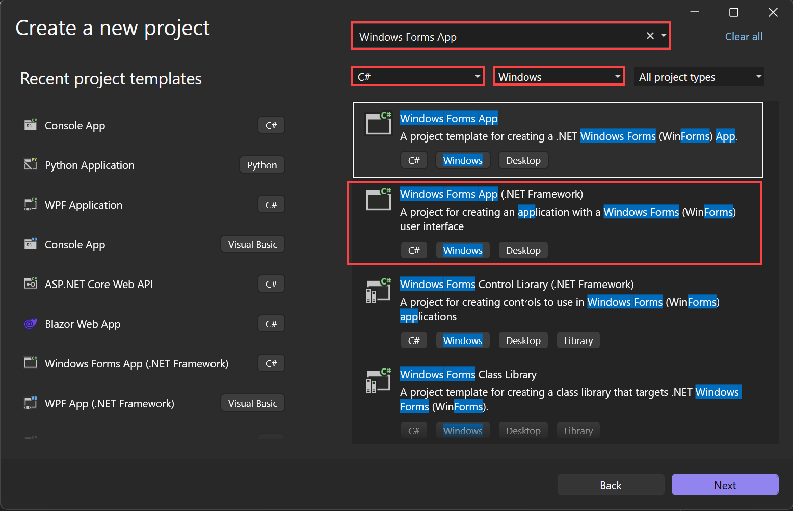 Captura de tela que mostra o modelo C# para o aplicativo Windows Forms (.NET Framework).