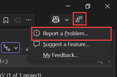 Captura de tela mostrando o ícone de comentários selecionado no canto superior direito da janela do Visual Studio e Relatar um problema selecionado no menu de contexto.