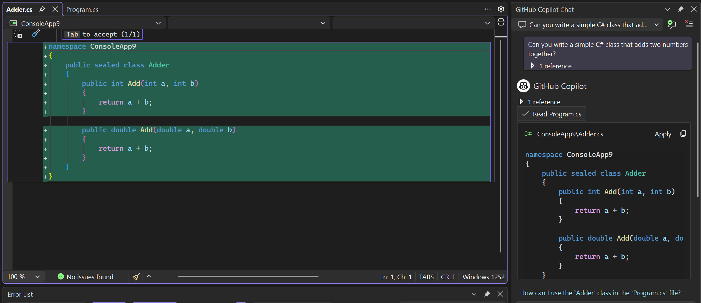 Captura de tela de sugestões de código em novo arquivo no editor.