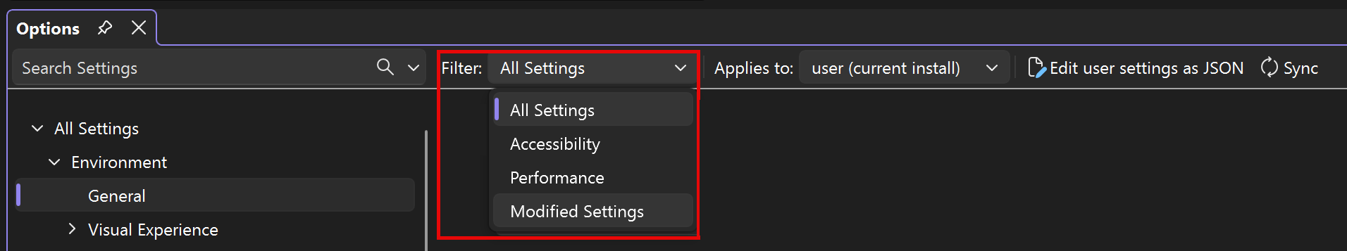 Captura de ecrã das opções de Filtro no painel Definições.