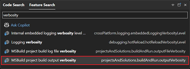 Captura de ecrã que mostra como usar a caixa de pesquisa no Visual Studio.
