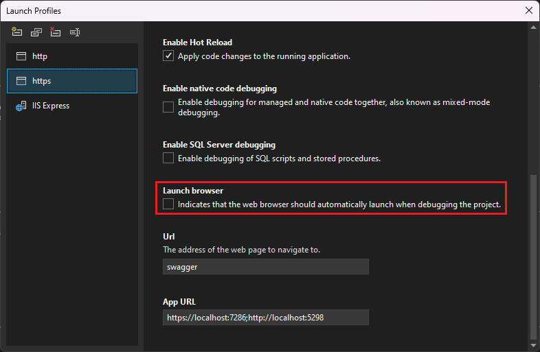 Captura de ecrã mostrando a interface de utilizador de perfis de inicialização de depuração.