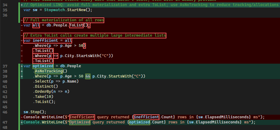 Captura de ecrã das alterações de código.