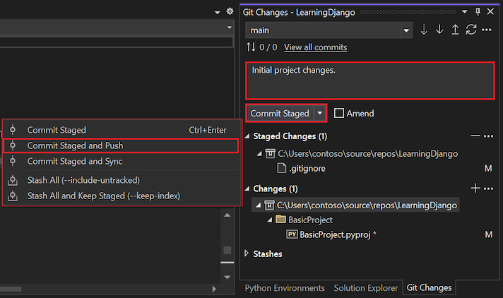 Captura de tela que mostra como editar a mensagem de commit e confirmar e enviar por push os commits preparados na janela Alterações do Git.