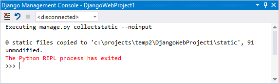 Captura de tela mostrando o resultado do comando Collect Static no Visual Studio.