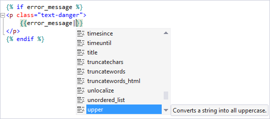 Captura de tela mostrando o suporte do IntelliSense com tags e filtros usados no desenvolvimento em Django no Visual Studio.