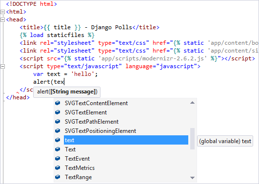 Captura de tela mostrando o suporte do IntelliSense para JavaScript usado no desenvolvimento em Django no Visual Studio.