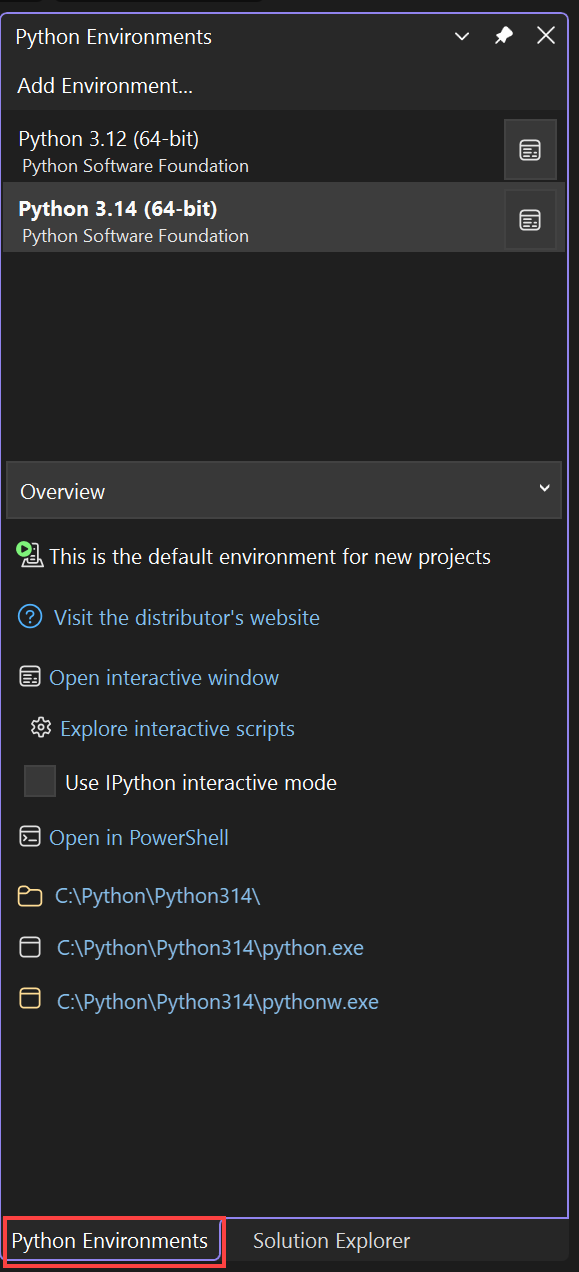 Captura de tela da janela Ambientes Python.