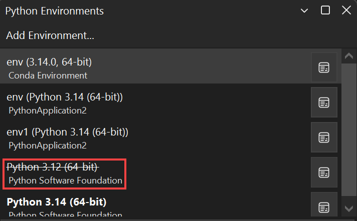 Captura de tela de um ambiente inválido na janela Ambientes Python.