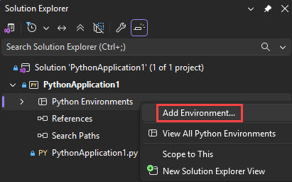 Captura de ecrã que mostra o comando Adicionar Ambiente em Visual Studio.
