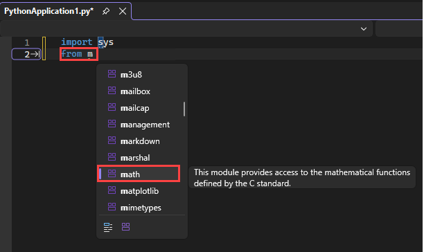 Captura de tela que mostra como o IntelliSense exibe os módulos disponíveis para a instrução 'from' no editor no Visual Studio.