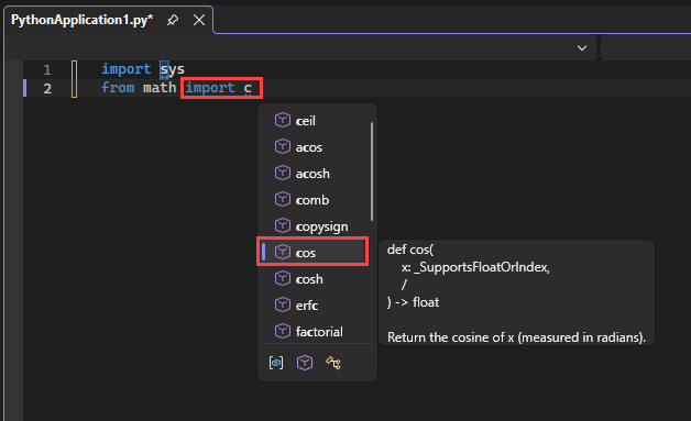 Captura de tela que mostra como o IntelliSense exibe os membros do módulo disponíveis para a função de importação no editor no Visual Studio.