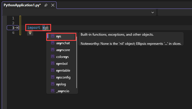 Captura de tela que mostra como o IntelliSense exibe os módulos disponíveis para uma instrução de importação no editor no Visual Studio.
