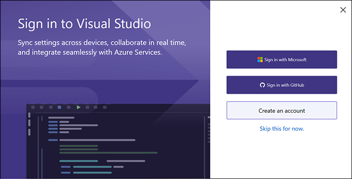 iniciar sessão no GitHub a partir da primeira caixa de diálogo de inicialização do Visual Studio