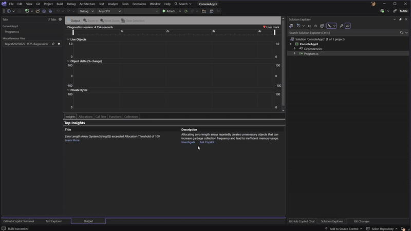  mostrando a Ferramenta de Alocação .NET com insights sobre arrays de comprimento zero e Copilot fornecendo análises detalhadas e sugestões de otimização