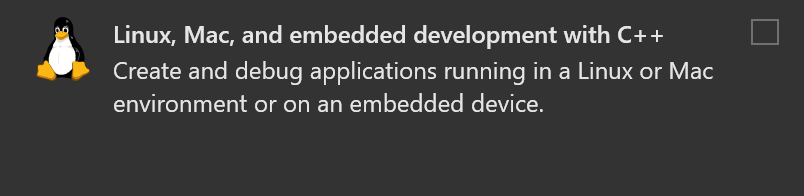 Captura de ecrã do instalador do Visual Studio mostrando a carga de trabalho renomeada do desenvolvimento com C++ para Linux, Mac e incorporado