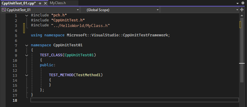 A captura de tela mostra uma classe e um método de stub usando as macros TEST_CLASS e TEST_METHOD no Visual Studio 2022.