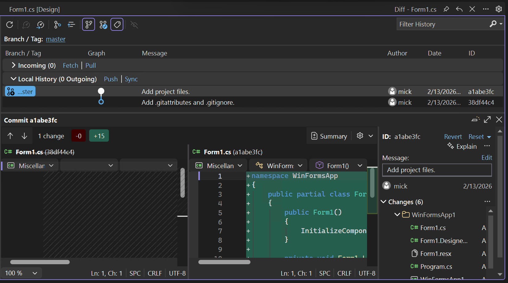 Captura de ecrã que mostra a caixa de diálogo Detalhes do Commit no Visual Studio.