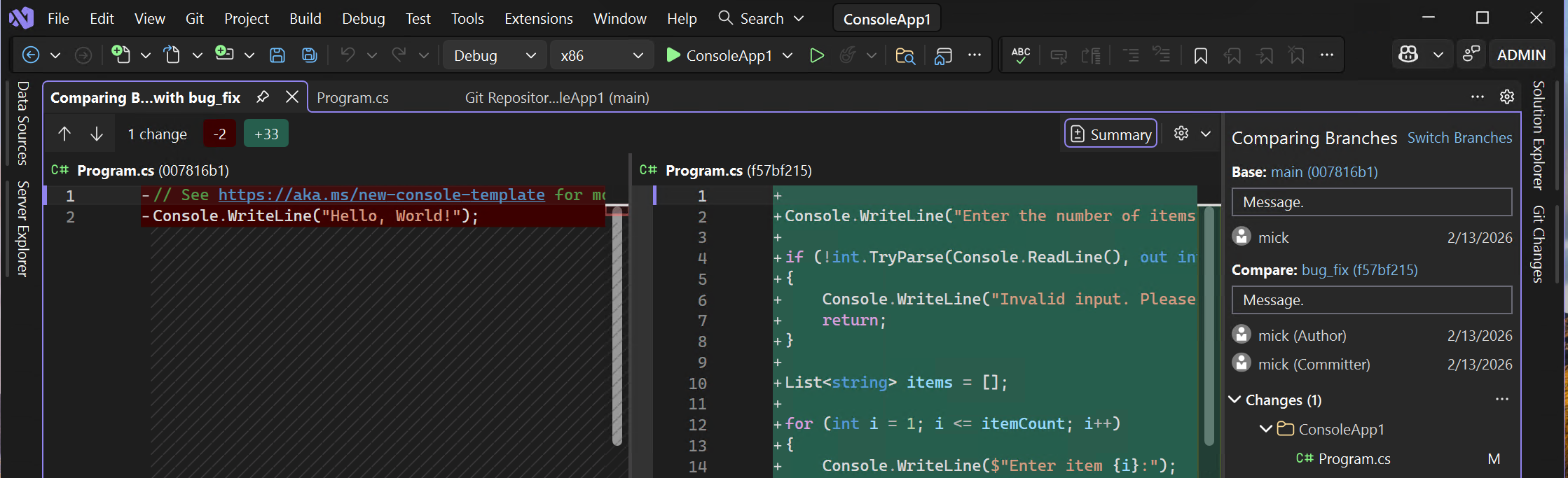 Captura de ecrã que mostra como comparar ramificações utilizando a vista de comparação.