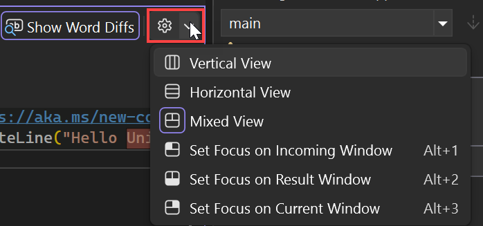 Captura de ecrã que mostra as opções de layout do Editor de Fusão.