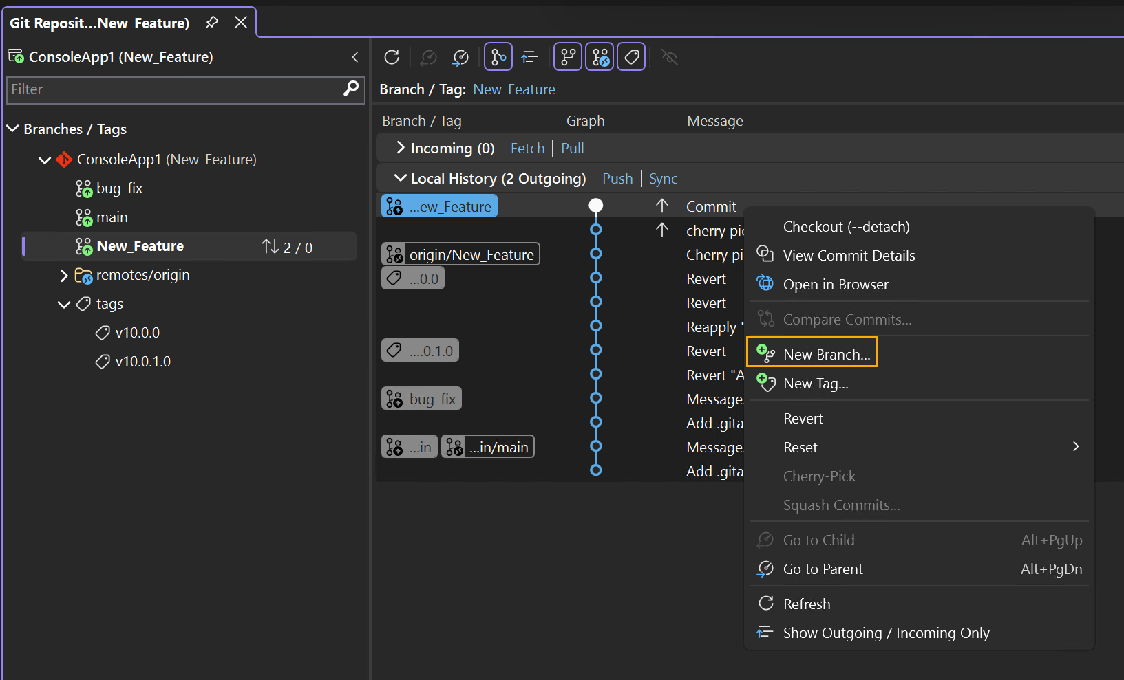 Captura de tela do painel Git Graph da janela Repositório Git.