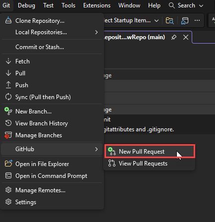 Captura de ecrã do menu superior do Git com o GitHub selecionado e o texto 'Novo Pull Request' destacado no Visual Studio.
