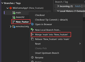 Captura de tela da mesclagem de ramificações no Visual Studio.