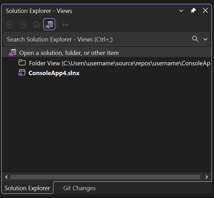 Captura de ecrã da vista de pastas no Explorador de Soluções no Visual Studio.