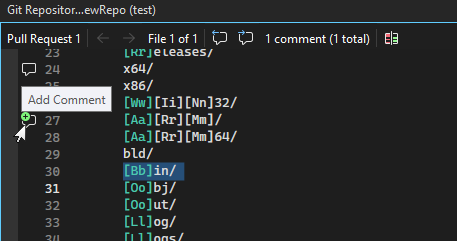 Captura de tela mostrando o ícone Adicionar comentário ao revisar uma alteração de arquivo em uma solicitação pull.