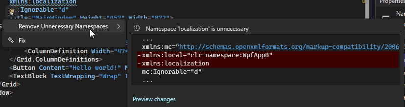 Captura de ecrã da opção Remover Namespaces Desnecessários do editor de código XAML da lâmpada de Ações Rápidas.