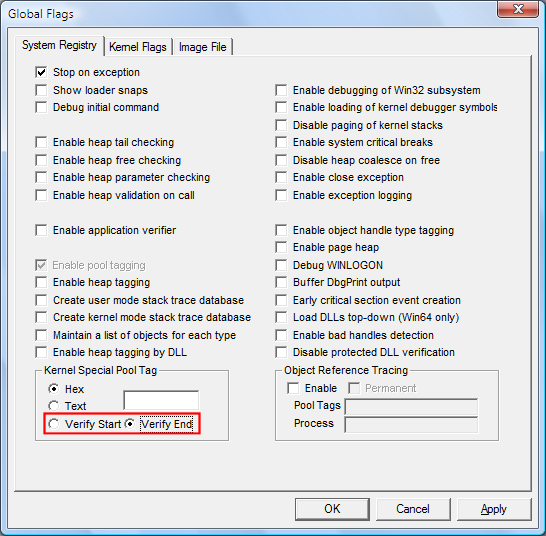 Captura de ecrã das opções Verificar Início e Verificar Fim no separador Registo do Sistema no GFlags.