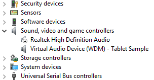 Captura de ecrã da árvore do Gestor de Dispositivos com o Exemplo de Tablet de Dispositivo de Áudio Virtual realçado.