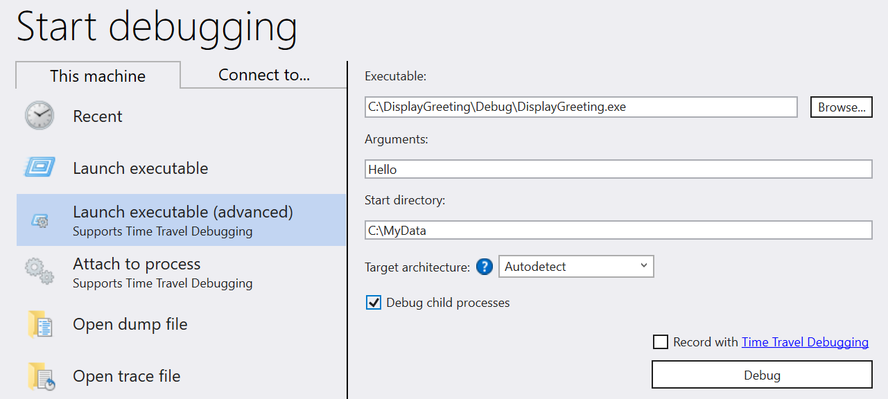 Captura de tela da caixa de diálogo Iniciar executável (avançado) exibindo opções.