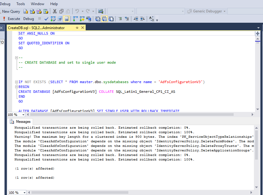 Screenshot que mostra o script CreateDB.sql aberto no SQL Management Studio.