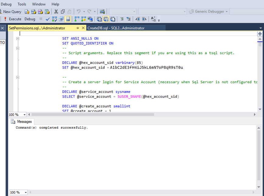 Captura de ecrã que mostra o script SetPermissions.sql aberto no SQL Management Studio.