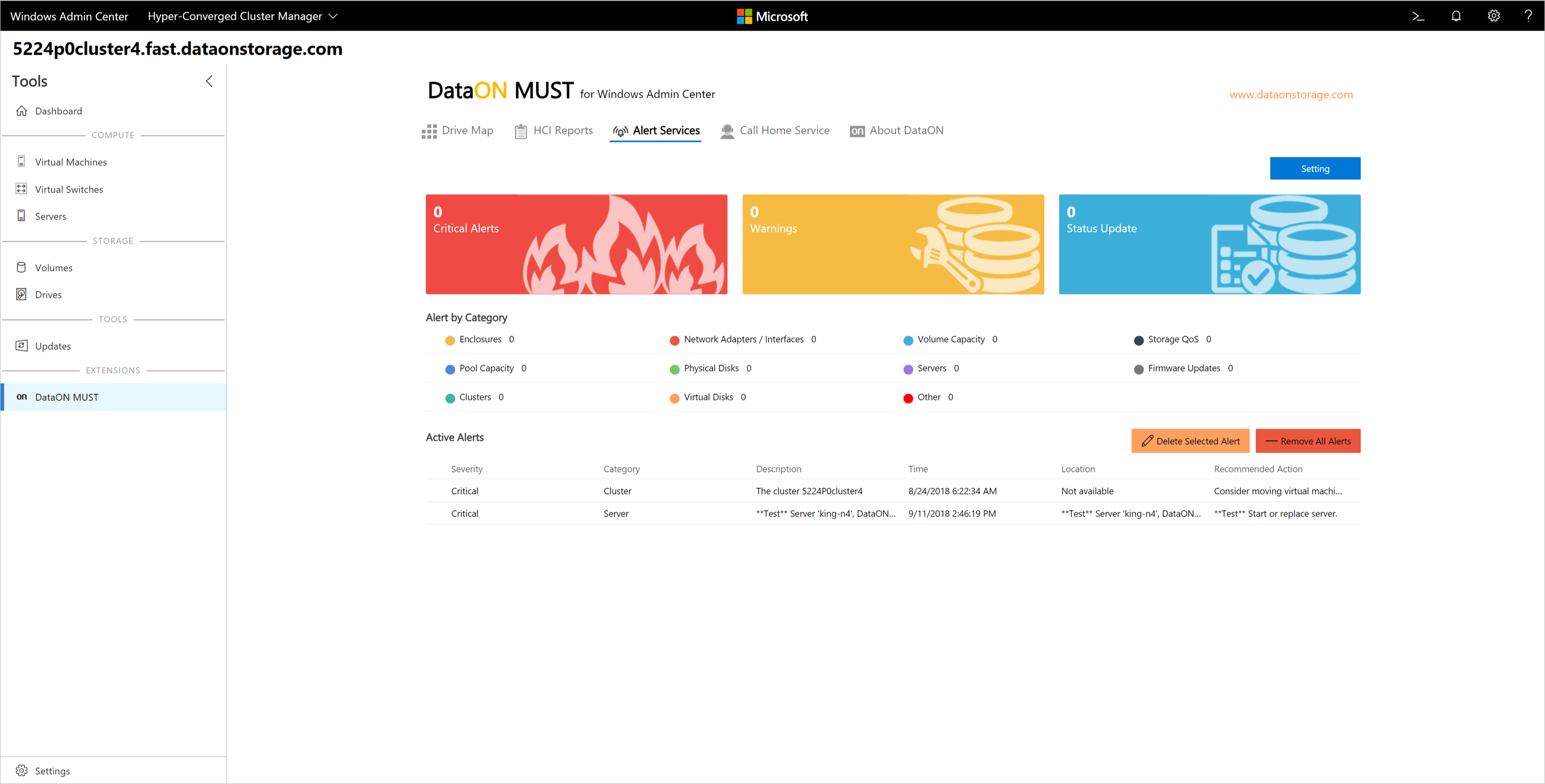 Captura de tela do Windows Admin Center mostrando os Serviços de Alerta na extensão DataON MUST.