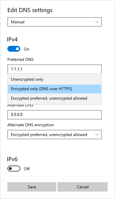 Captura de ecrã das definições de DNS