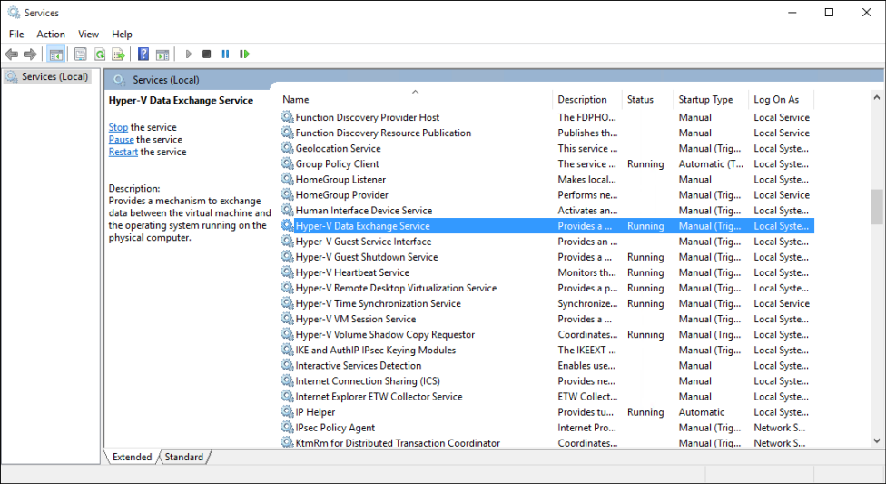 Captura de ecrã que mostra o painel Serviços do Windows