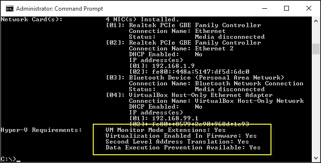 Captura de tela da tela do Prompt de Comando do Administrador com foco na saída para a seção de requisitos do Hyper V.