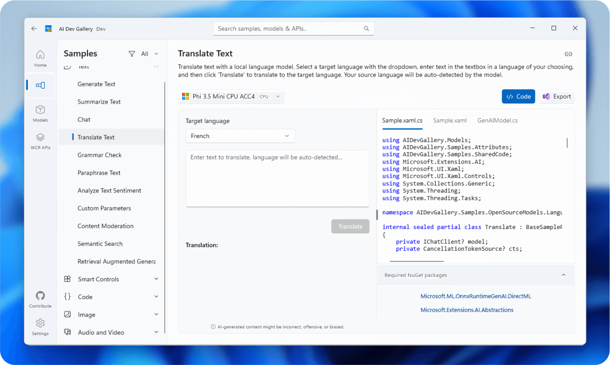 Uma captura de tela do AI Dev Gallery aplicativo exibindo o código-fonte de um exemplo de Traduzir texto