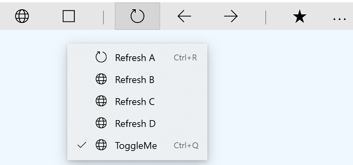 Captura de ecrã de um Menu com MenuFlyoutItens que incluem combinações de teclas aceleradoras.