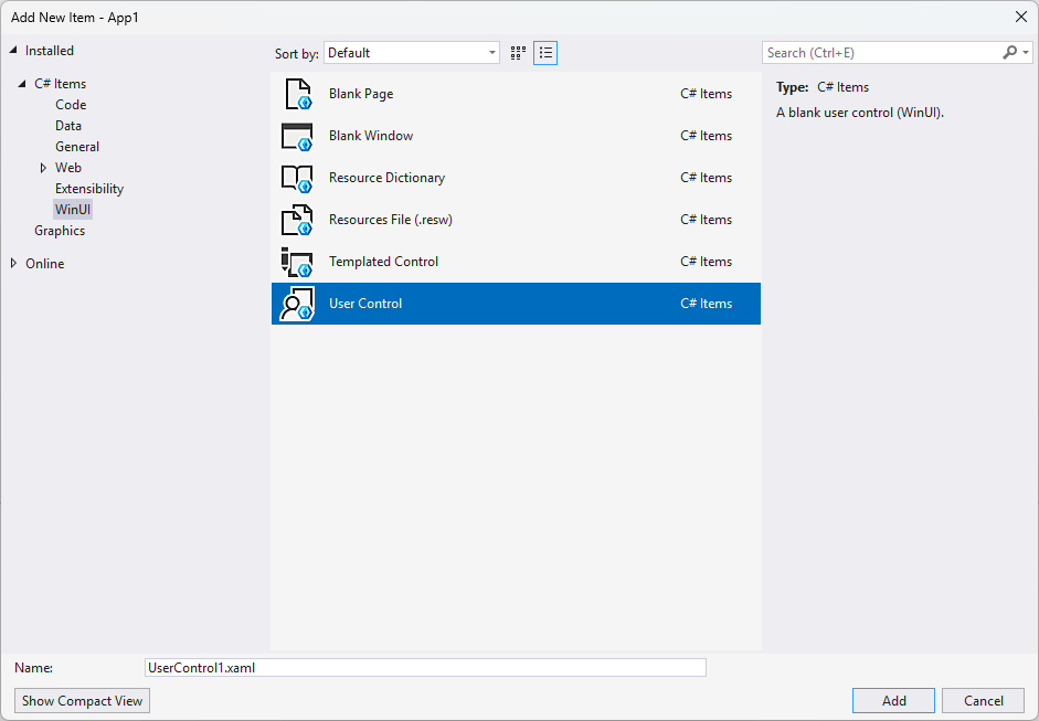 Captura de ecrã da janela Adicionar Novo Item com WinUI\/User Control (WinUI) destacada em Visual Studio.
