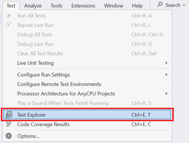 Captura de ecrã do menu de Teste em Visual Studio.