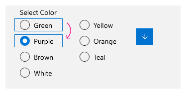 Exemplo de navegação vertical pelo teclado em um grupo de RadioButtons de várias colunas/linhas